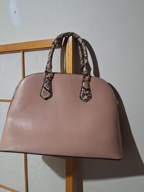 Taupe Dome Satchel Handbag with Snake-Print Handles